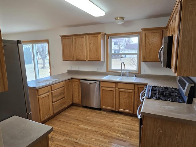 kitchen with a sink, light countertops, appliances with stainless steel finishes, light wood finished floors, and brown cabinetry