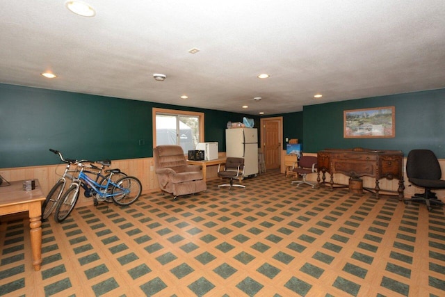 14034 58th Rd, Sturtevant, WI 53177 - interior space featuring carpet, a textured ceiling, wainscoting, and recessed lighting