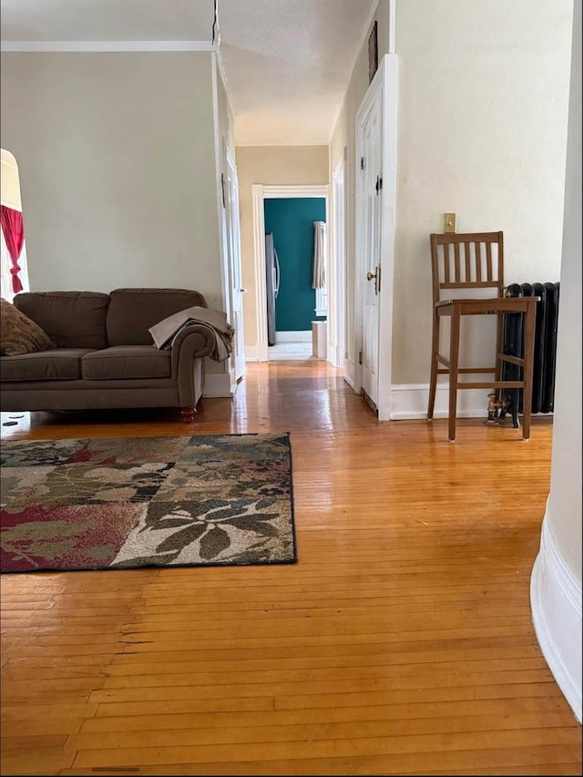 hall featuring hardwood / wood-style flooring, baseboards, and crown molding