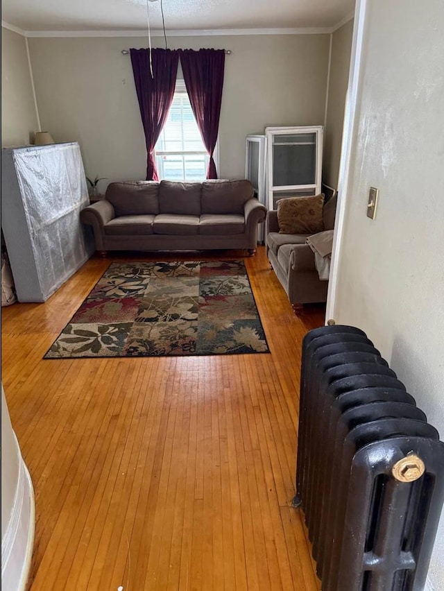 living room featuring light wood finished floors, radiator heating unit, and crown molding