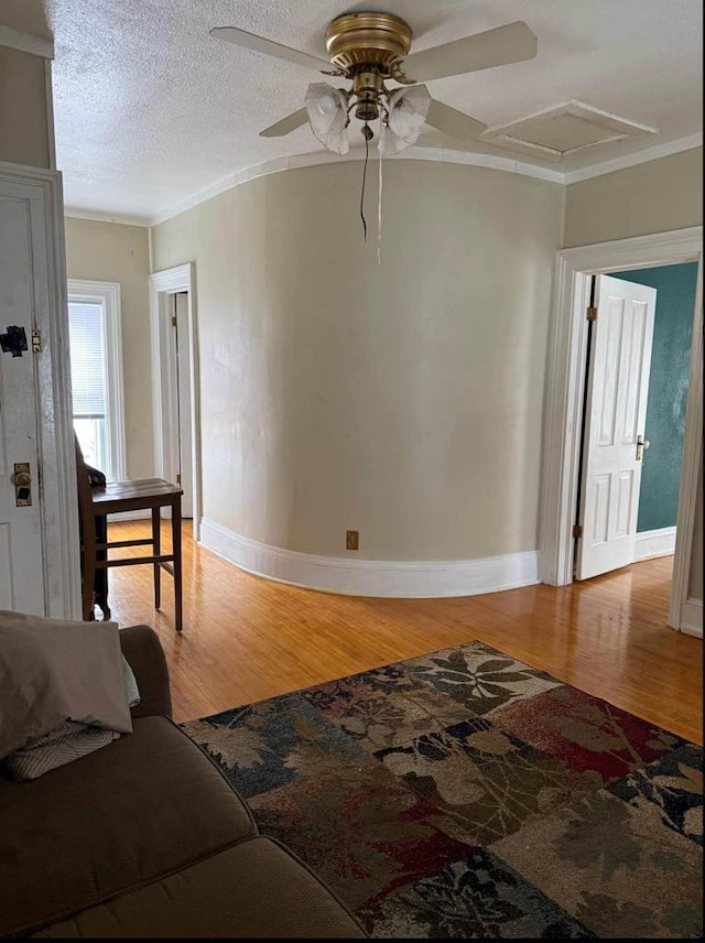 living area featuring a textured ceiling, baseboards, light wood-style floors, attic access, and crown molding