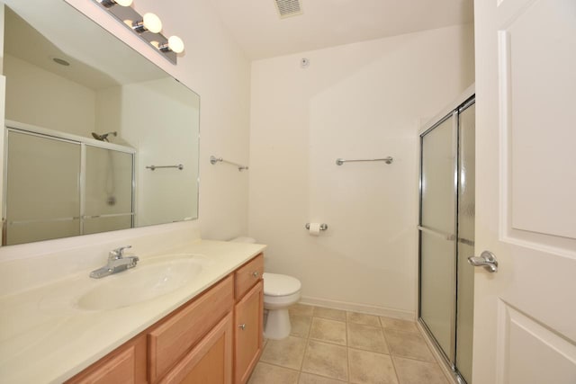 full bathroom featuring visible vents, toilet, a shower stall, vanity, and tile patterned floors