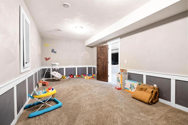 rec room with carpet floors, a decorative wall, and wainscoting