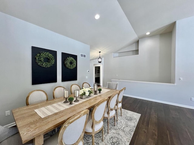 dining area with recessed lighting, lofted ceiling, visible vents, dark wood-type flooring, and baseboards