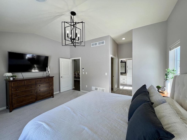 bedroom featuring light carpet, baseboards, visible vents, and vaulted ceiling