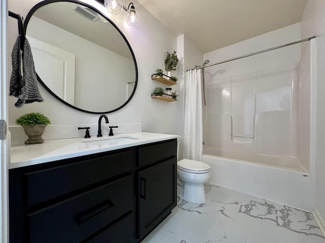 full bath featuring shower / tub combo, marble finish floor, vanity, and toilet