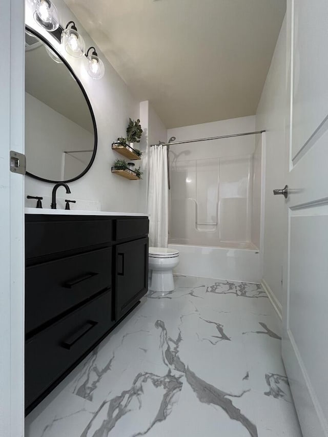 bathroom featuring marble finish floor, shower / tub combo with curtain, vanity, and toilet