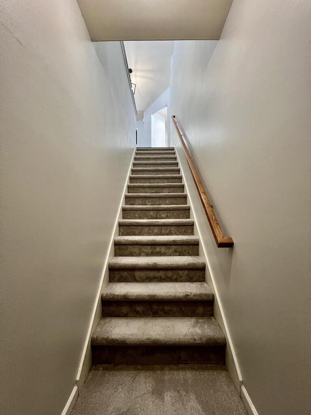 stairs featuring carpet flooring and baseboards