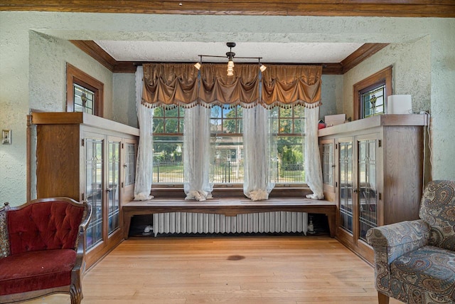 sitting room with radiator, light wood finished floors, and a textured wall