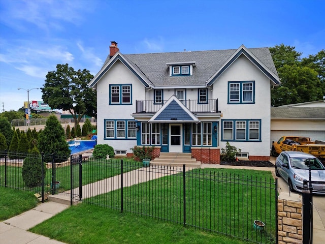 view of front facade with a fenced front yard, a front yard, a balcony, and stucco siding