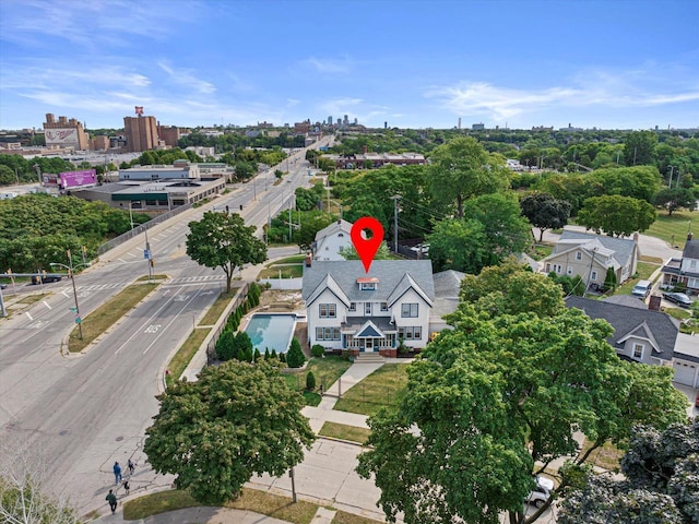 drone / aerial view with a city view