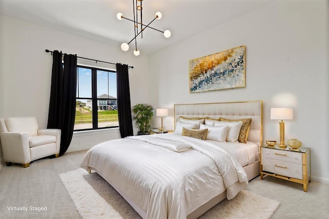 bedroom with light carpet and a notable chandelier