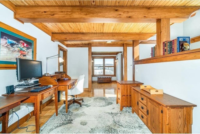 office with light wood-style flooring, wooden ceiling, and beam ceiling