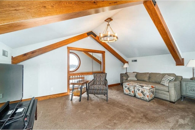 interior space featuring vaulted ceiling with beams, an inviting chandelier, baseboards, and visible vents