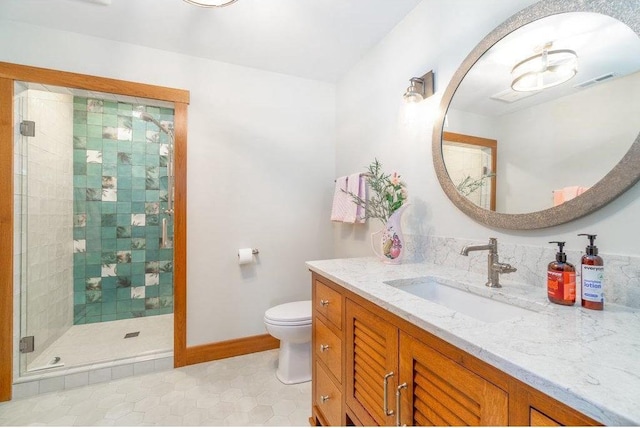 full bath with visible vents, toilet, a shower stall, vanity, and baseboards