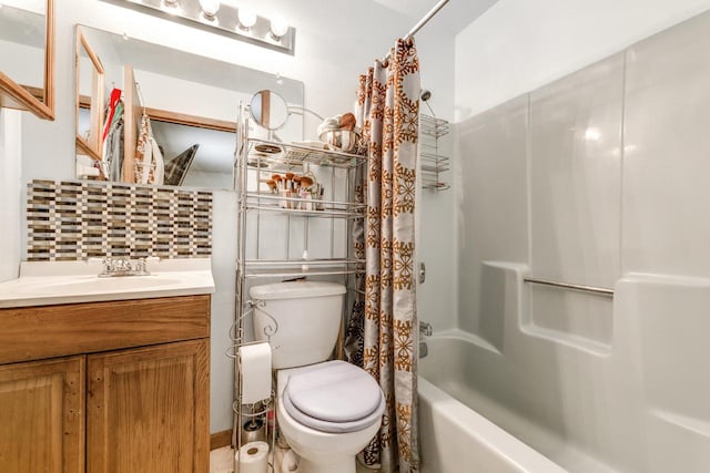 full bath featuring vanity, backsplash, toilet, and shower / tub combo with curtain