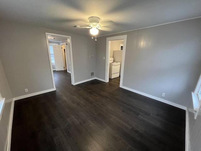 unfurnished bedroom featuring ceiling fan, dark wood-style flooring, visible vents, and baseboards