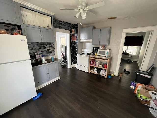 kitchen featuring white appliances, baseboards, ceiling fan, dark wood-type flooring, and gray cabinets