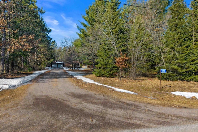 view of street with dirt driveway and a wooded view