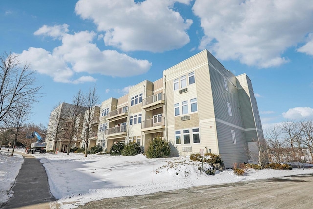 view of snow covered building