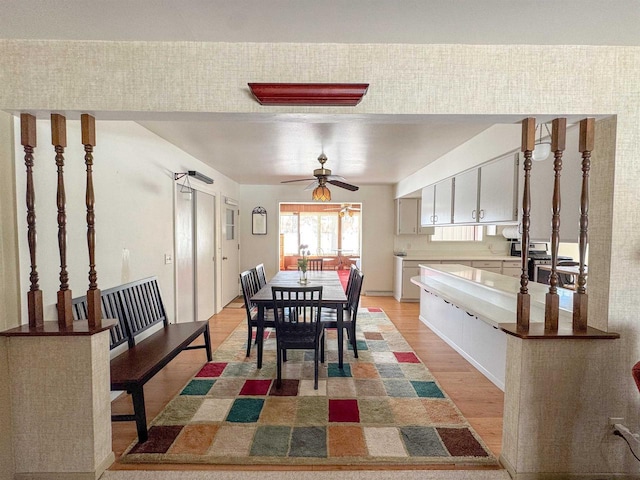 dining room featuring light wood-type flooring and a ceiling fan