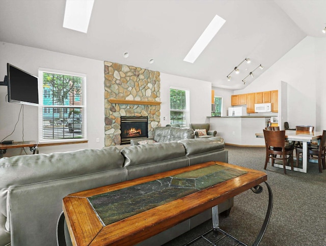 living area with dark colored carpet, a skylight, a fireplace, and a wealth of natural light