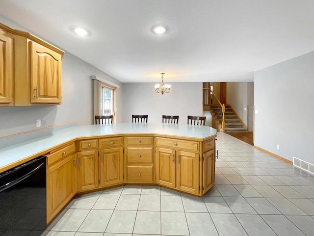 kitchen featuring light tile patterned floors, light countertops, an inviting chandelier, dishwasher, and a peninsula