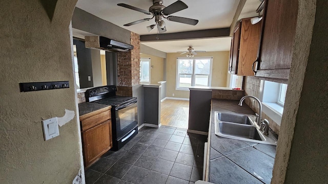 kitchen featuring electric range, baseboards, dark tile patterned flooring, extractor fan, and a sink