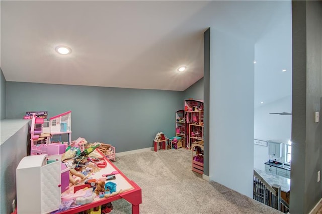 rec room featuring lofted ceiling, carpet flooring, baseboards, and recessed lighting