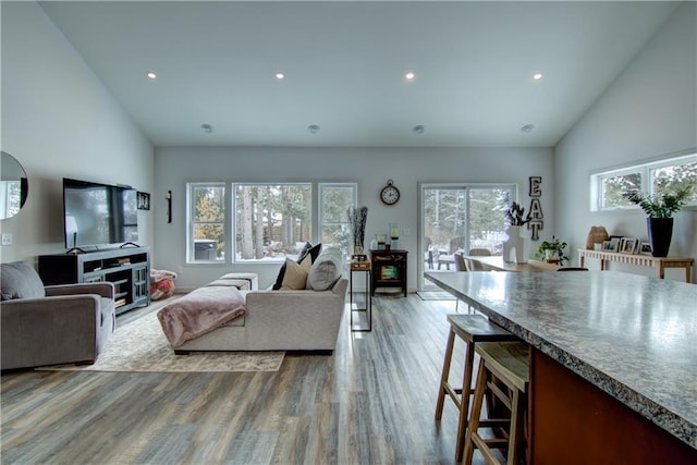 living area with high vaulted ceiling, wood finished floors, and recessed lighting