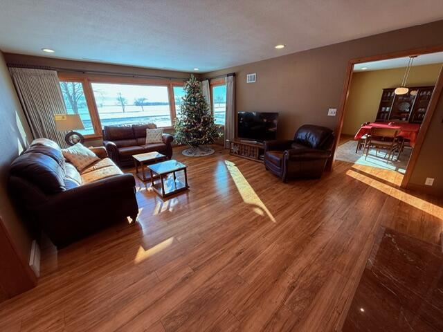 living room with wood finished floors, visible vents, and recessed lighting