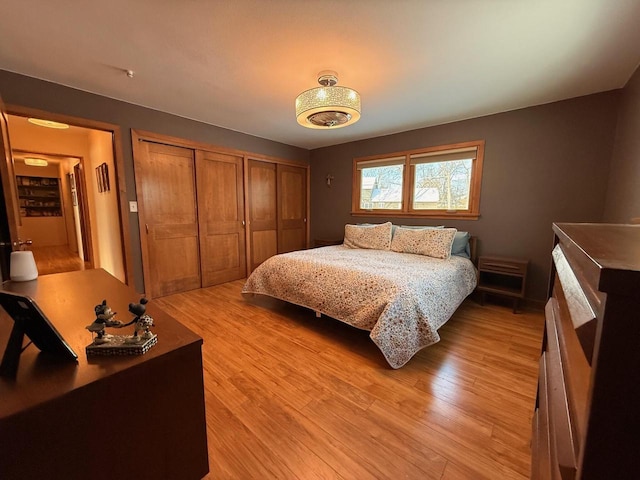 bedroom featuring multiple closets and light wood finished floors