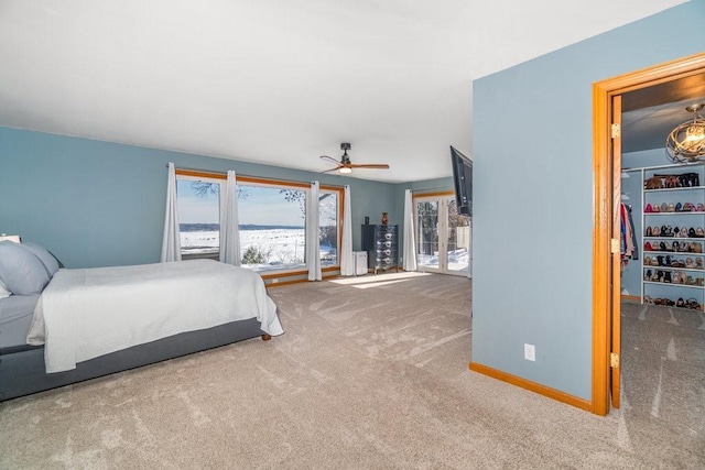 carpeted bedroom featuring a walk in closet, a closet, ceiling fan, and baseboards