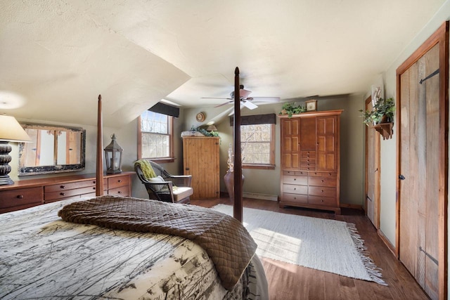 bedroom featuring lofted ceiling, dark wood-type flooring, multiple windows, and baseboards