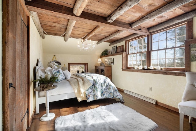 bedroom with beam ceiling, dark wood finished floors, a baseboard radiator, a chandelier, and wooden ceiling