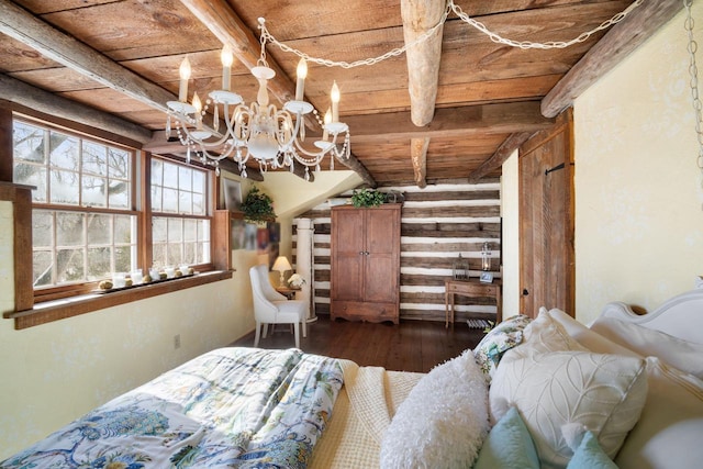 bedroom with dark wood-style floors, wooden ceiling, a chandelier, and beam ceiling