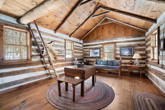 sitting room featuring plenty of natural light, wooden ceiling, and wood finished floors