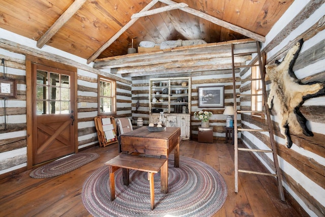 office area with wood ceiling, vaulted ceiling with beams, and wood finished floors