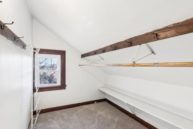 walk in closet with lofted ceiling and carpet flooring