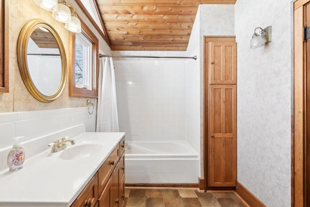 full bathroom featuring lofted ceiling, wooden ceiling, vanity, and shower / bath combo with shower curtain