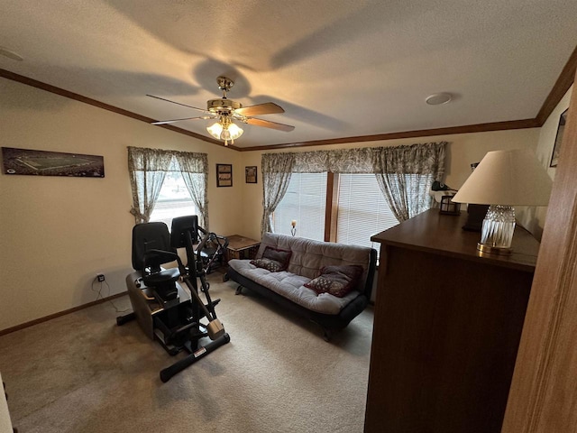 workout area featuring a textured ceiling, ceiling fan, carpet floors, baseboards, and crown molding