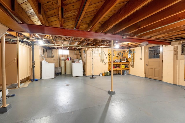 unfinished basement featuring electric panel and independent washer and dryer