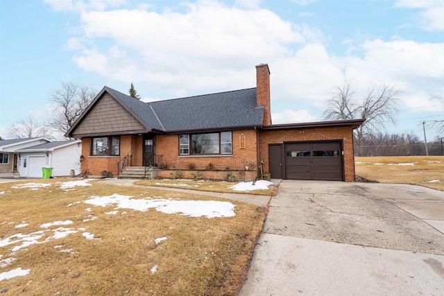 view of front of property featuring an attached garage, brick siding, a shingled roof, concrete driveway, and a chimney