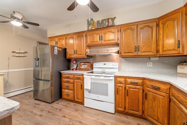 kitchen with brown cabinetry, electric stove, stainless steel fridge with ice dispenser, under cabinet range hood, and a baseboard heating unit