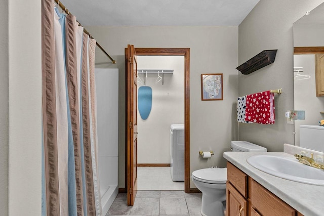 full bath with baseboards, toilet, a shower with curtain, tile patterned flooring, and vanity