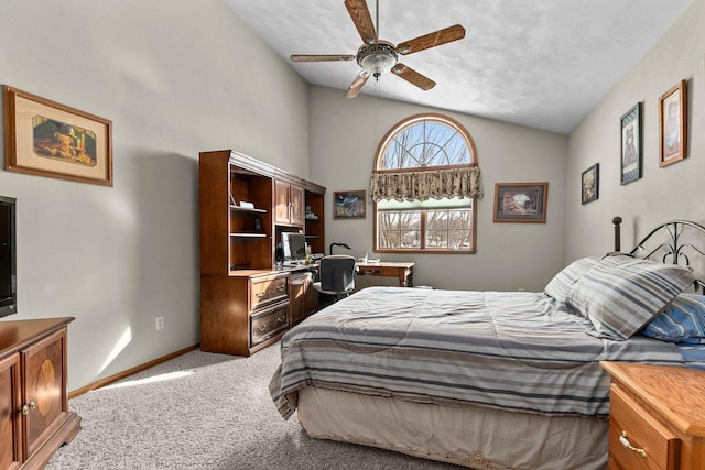 bedroom featuring light carpet, ceiling fan, lofted ceiling, and baseboards