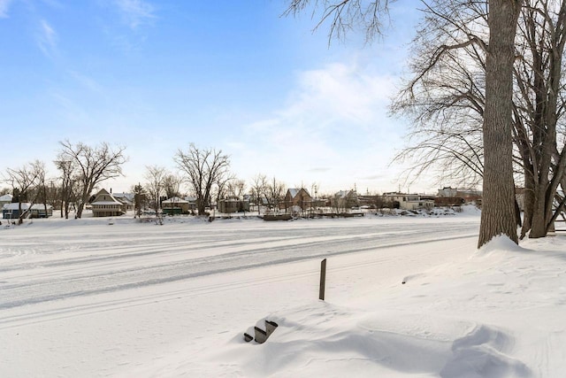 yard covered in snow featuring a residential view