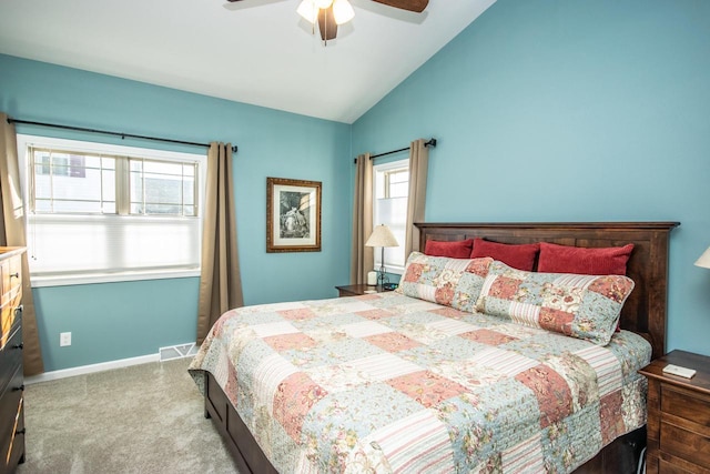 bedroom with visible vents, a ceiling fan, carpet flooring, vaulted ceiling, and baseboards