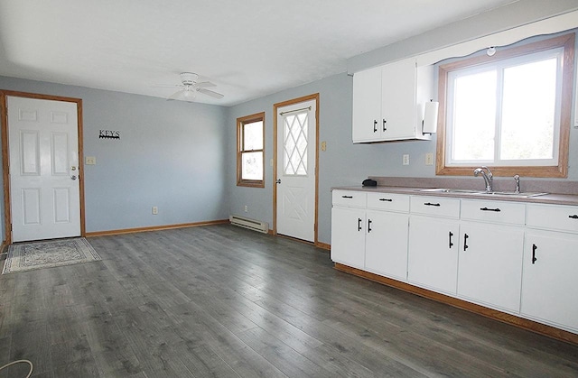 kitchen with a wealth of natural light, a baseboard radiator, dark wood-style flooring, and a sink