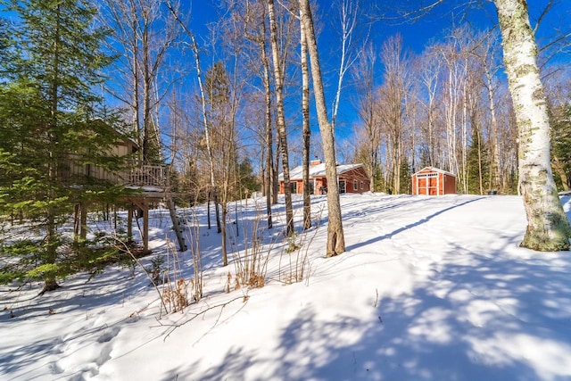 yard covered in snow featuring a storage shed and an outbuilding